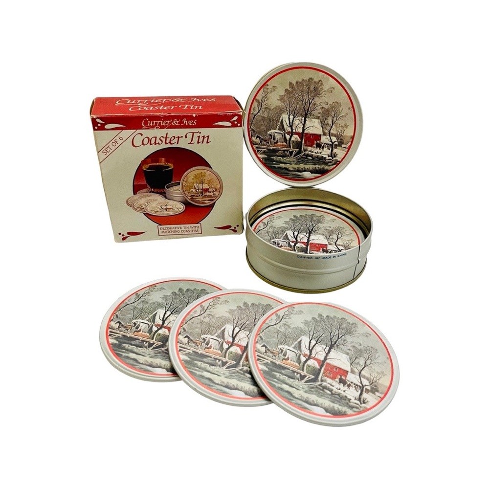 Currier & Ives - Set of 6 Coasters In Silver Storage Tin - Winter Scene